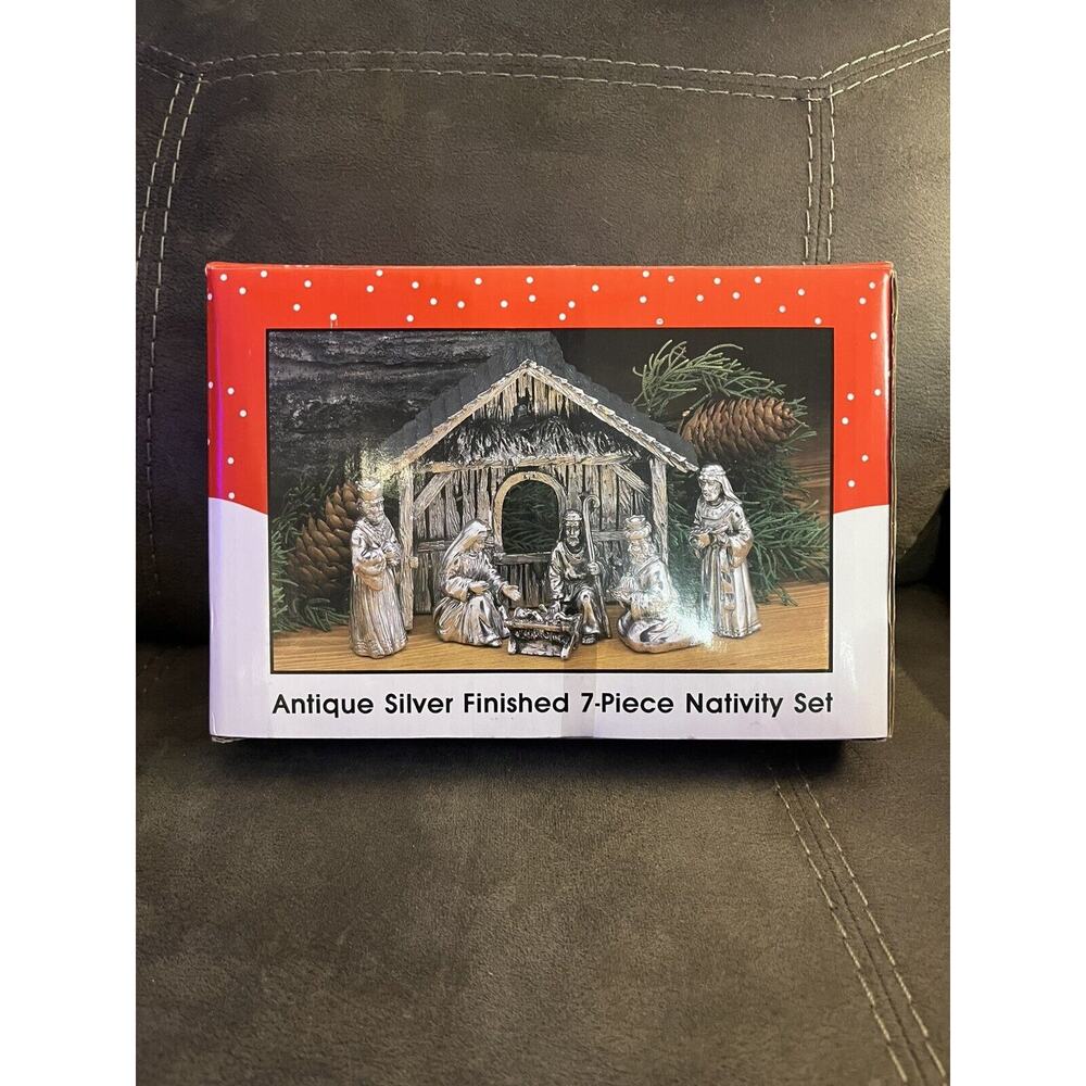 International Christmas 7-Piece Antique Silver Finish Resin Nativity Set in Box